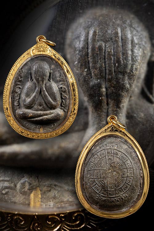 พระปิดตาปู่โต๊ะพิมพ์จัมโบ้กนกข้างหลังยันต์ดวงเนื้อผงใบลานปี21ฝั่งตะกรุดทองหายาก-1